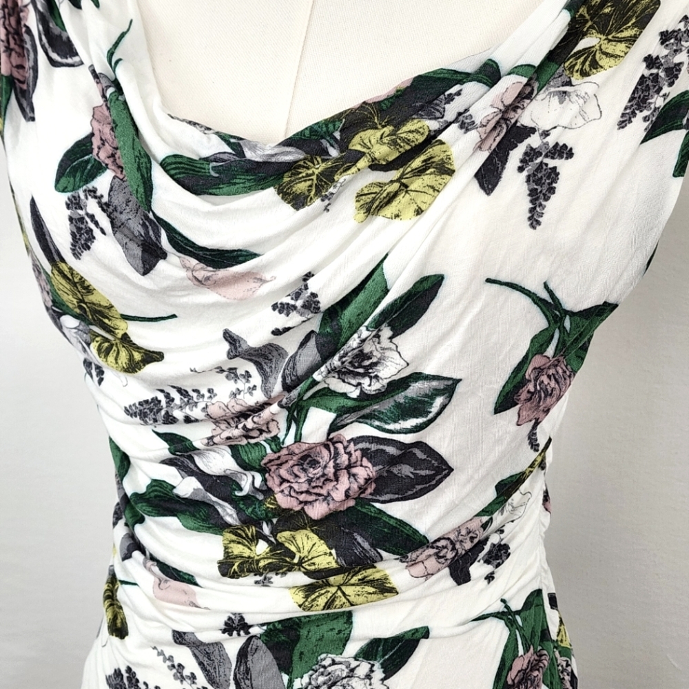 H&M White Floral Ruched Tank Top Medium Fully Lined - Picture 2 of 9